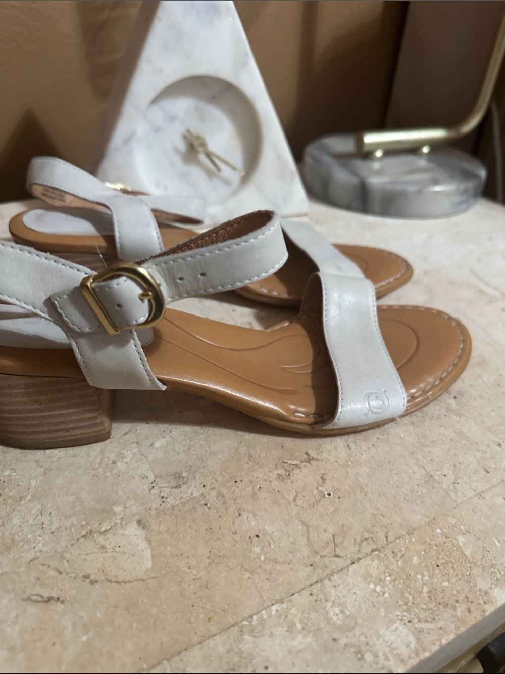 Born White Leather Low Block Heel Sandals with Gold Buckle